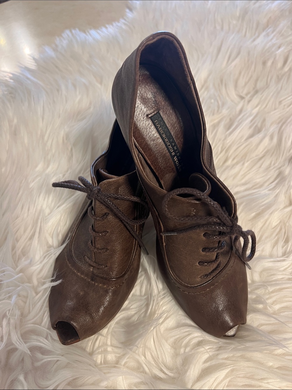 Rabokigoshi Works Emiko Kamishima Brown Leather Peep-Toe Oxford Heels Size 8